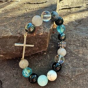 Christian Cross 🦋 Cz Crystal Charm Blue Black & White Beaded Stretch Bracelet